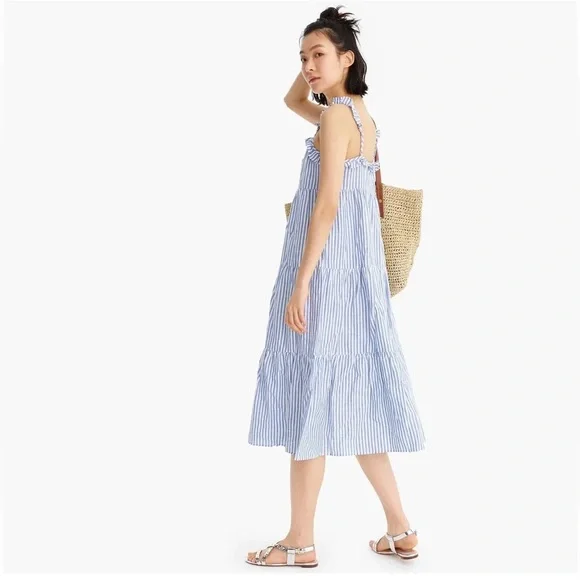 J Crew Cotton-linen tiered blue/white pinstripe Maximize sundress, S, MSRP $118 - Picture 4 of 14